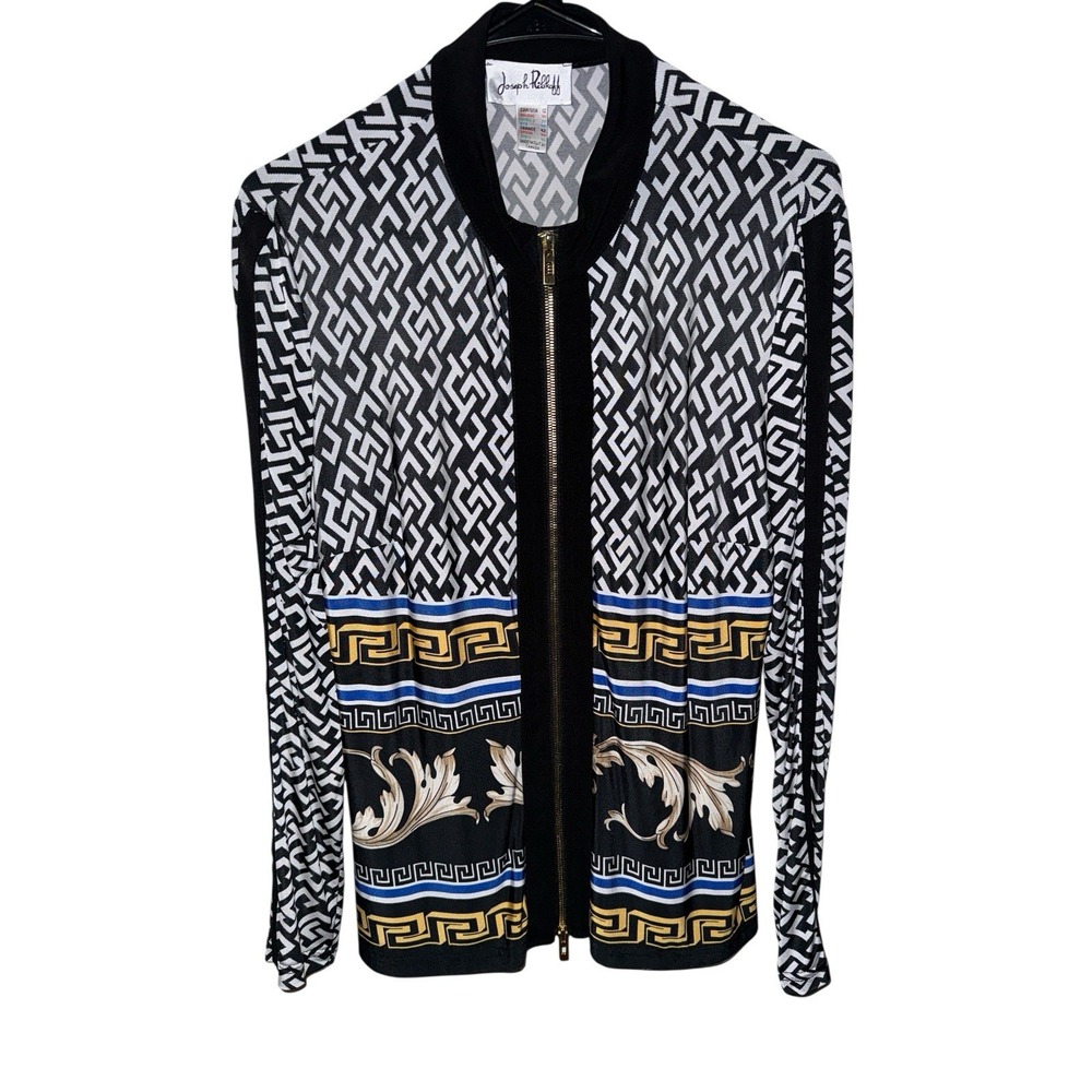 Joseph Ribkoff Jacket Womens 12 Black White Geometric Zip‎ Front Golf Pickleball